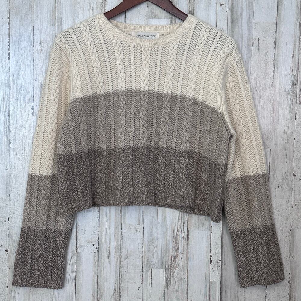 Vtg Jones New York Sweater Wool Angora Cable Knit Sweater M Crop Colorblock EUC